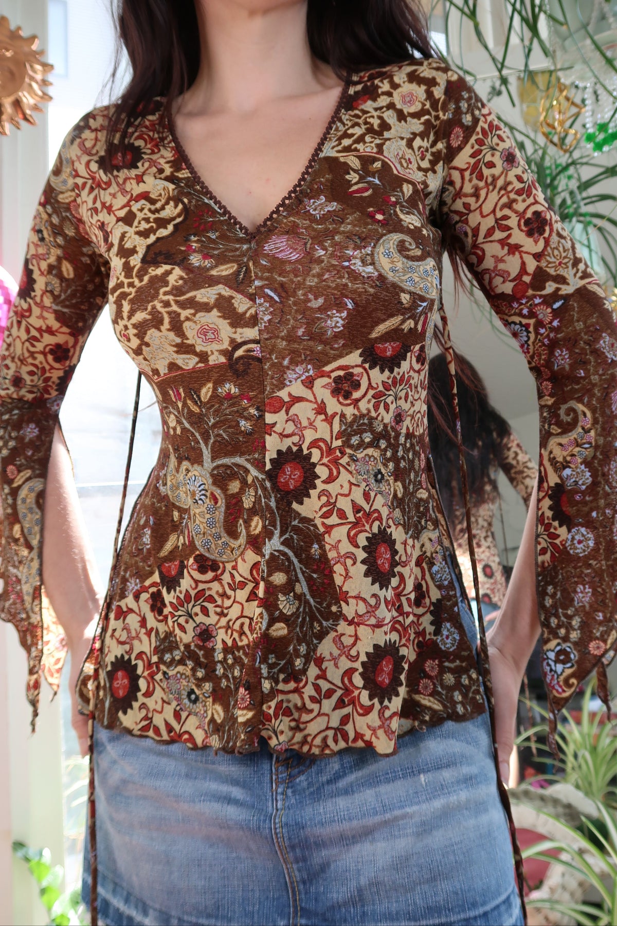 Vintage Sheer Boho Mesh Top – 90s/Y2K Bell Sleeve Patchwork Print
