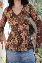 Load image into Gallery viewer, Vintage Sheer Boho Mesh Top – 90s/Y2K Bell Sleeve Patchwork Print
