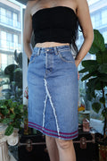 Vintage GAP Denim Midi Skirt with Distressed Front Panel & Beaded Trim