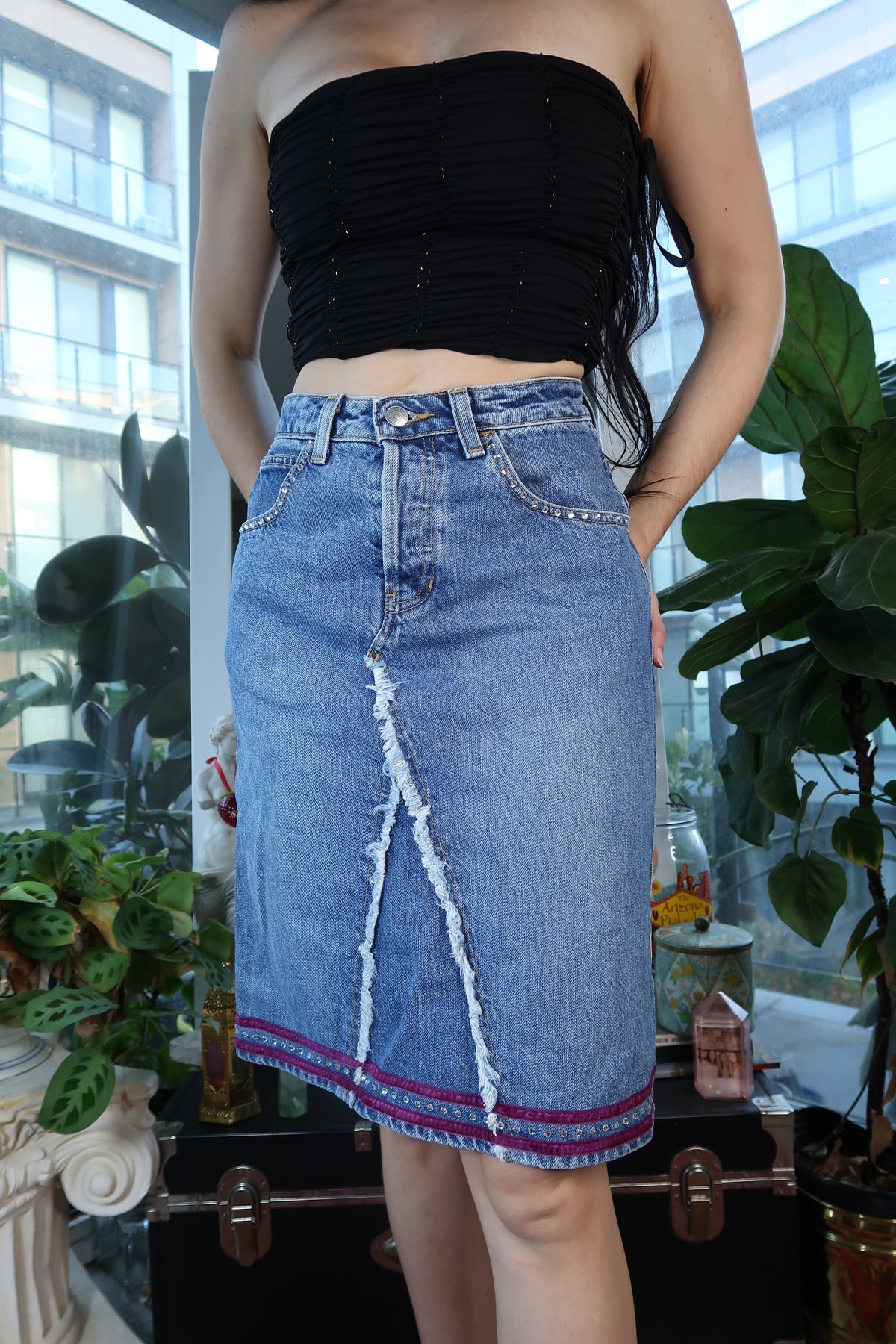 Vintage GAP Denim Midi Skirt with Distressed Front Panel & Beaded Trim