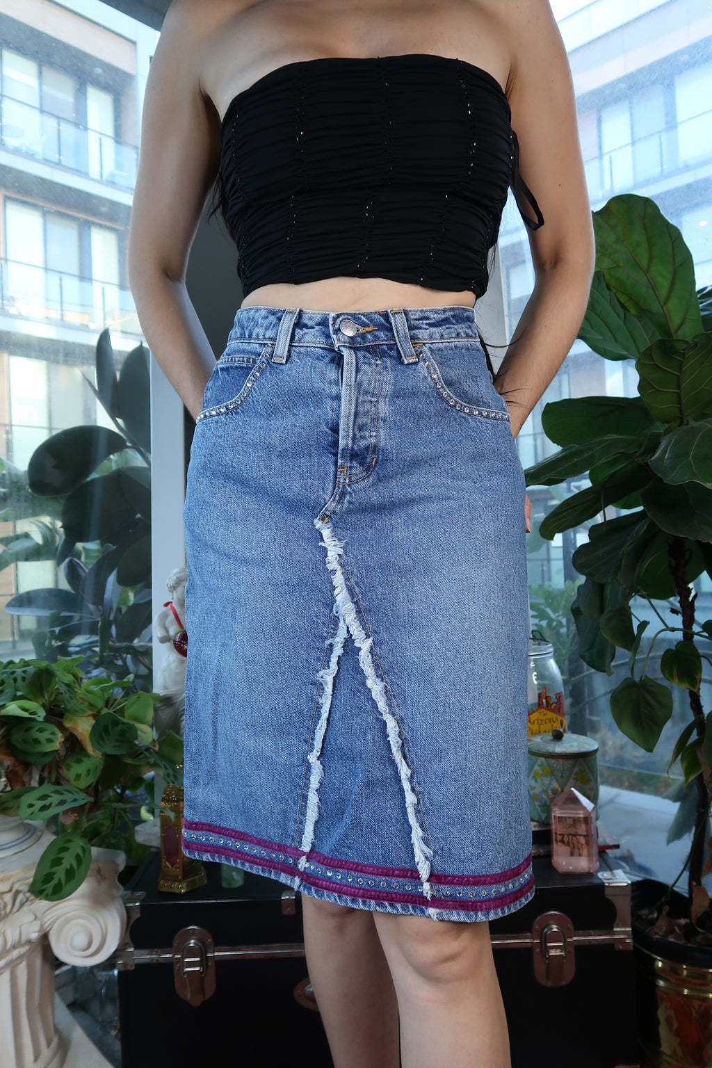 Vintage GAP Denim Midi Skirt with Distressed Front Panel & Beaded Trim
