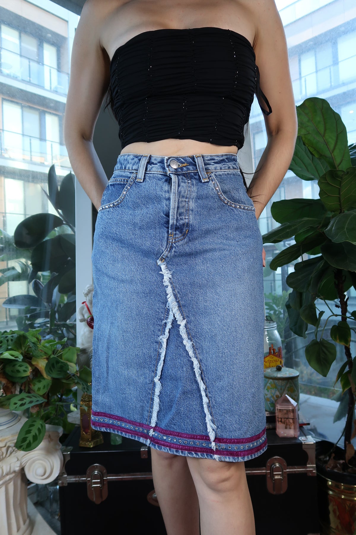 Vintage GAP Denim Midi Skirt with Distressed Front Panel & Beaded Trim