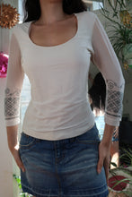 Load image into Gallery viewer, Y2K White Mesh Sleeve Top – Scoop Neck Blouse with Grey Patterned Cuffs
