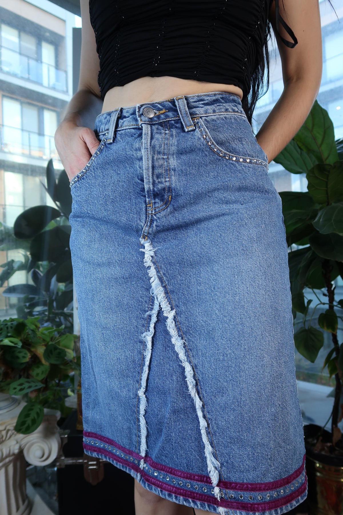 Vintage GAP Denim Midi Skirt with Distressed Front Panel & Beaded Trim