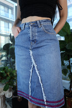 Load image into Gallery viewer, Vintage GAP Denim Midi Skirt with Distressed Front Panel &amp; Beaded Trim
