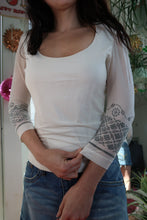 Load image into Gallery viewer, Y2K White Mesh Sleeve Top – Scoop Neck Blouse with Grey Patterned Cuffs
