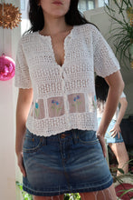 Load image into Gallery viewer, Vintage Crochet Button-Up Cardigan – White Short Sleeve Top with Floral Embroidered Mesh
