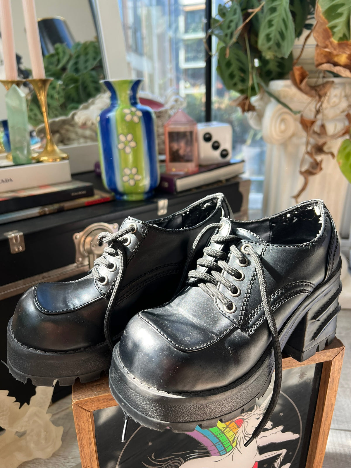 Vintage 90s black platform lace-up oxfords by Bakers, chunky style, deadstock leather shoes with a retro design.