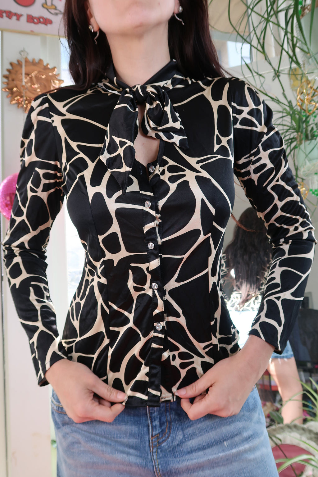 Vintage Giraffe Print Satin Blouse – 2000s Tie Neck & Crystal Button Down
