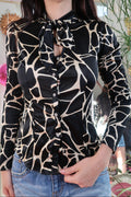 Vintage Giraffe Print Satin Blouse – 2000s Tie Neck & Crystal Button Down