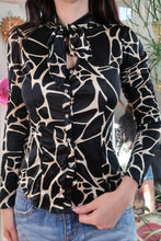 Load image into Gallery viewer, Vintage Giraffe Print Satin Blouse – 2000s Tie Neck &amp; Crystal Button Down
