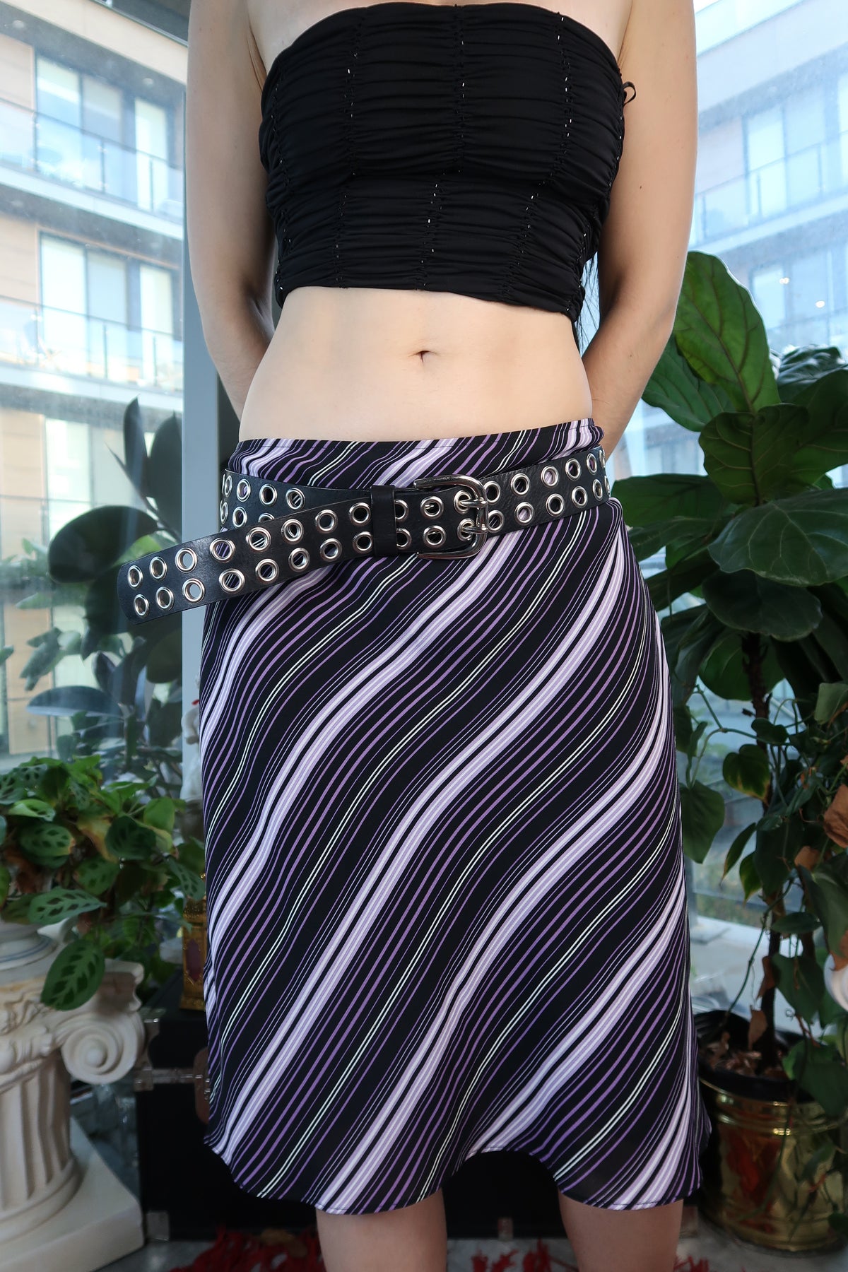 Vintage 2000s Purple & Black Bias Stripe Midi Skirt - Elektra Vintage
