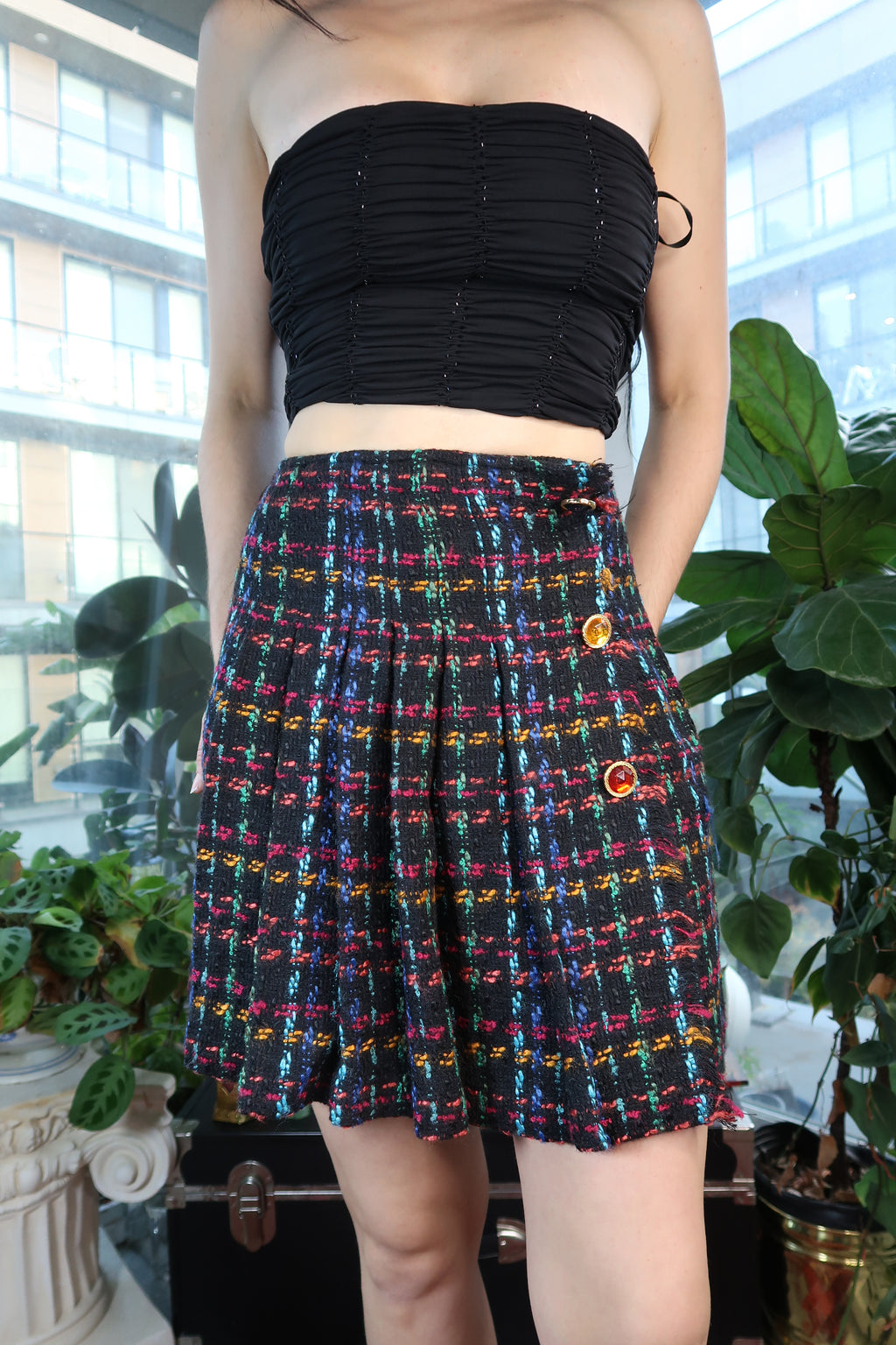 Vintage 90s Express Multicolor Tweed Mini Skirt with Gold Button Detail