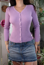 Load image into Gallery viewer, Y2K Lavender Ribbed Button-Up Knit Top – Slim Fit Long Sleeve Cardigan Blouse
