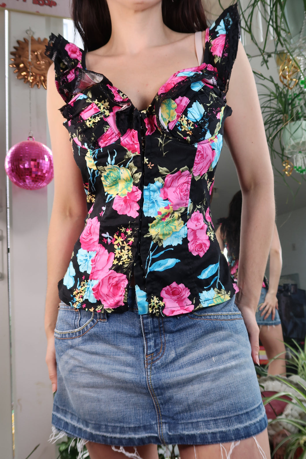 Vintage Floral Bustier Corset Top – Y2K Romantic Ruffle Aesthetic