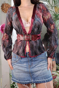 Vintage Sheer Velvet Trim Belted Top – Y2K Romantic Goth Aesthetic