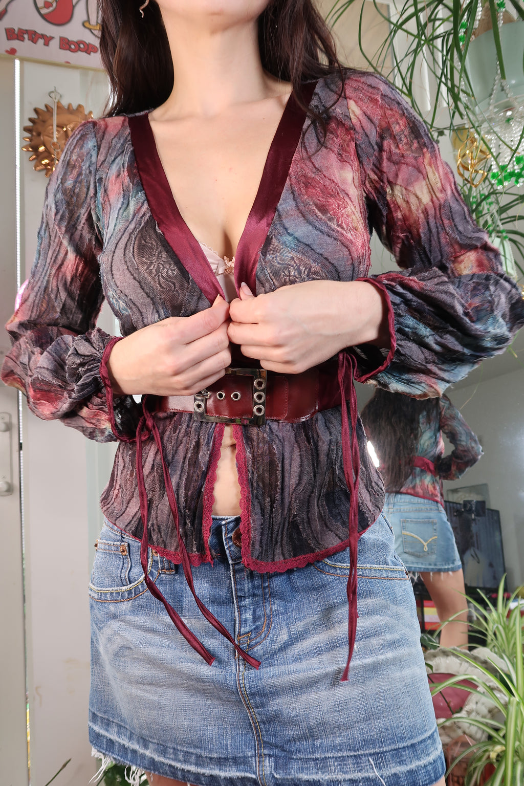 Vintage Sheer Velvet Trim Belted Top – Y2K Romantic Goth Aesthetic