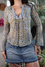 Load image into Gallery viewer, Vintage Y2K Boho BluePaisley Sheer Top – Paisley Mesh Long Sleeve with Lace-Up Detail
