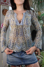 Load image into Gallery viewer, Vintage Y2K Boho BluePaisley Sheer Top – Paisley Mesh Long Sleeve with Lace-Up Detail
