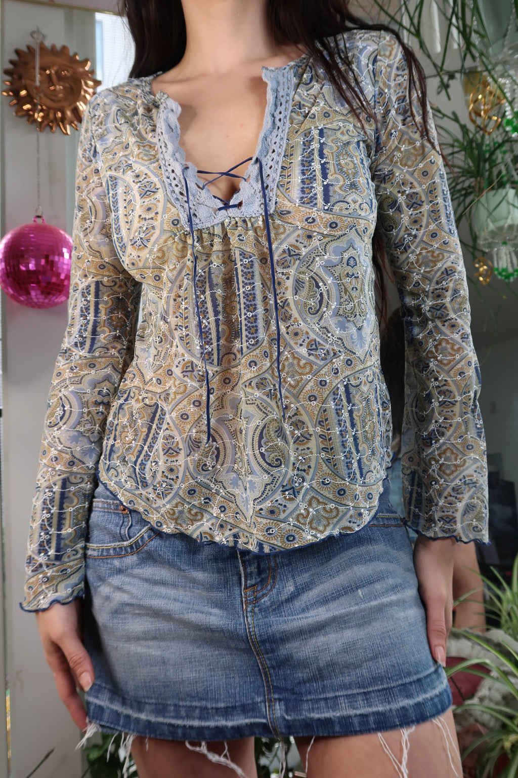 Vintage Y2K Boho BluePaisley Sheer Top – Paisley Mesh Long Sleeve with Lace-Up Detail