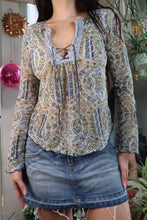 Load image into Gallery viewer, Vintage Y2K Boho BluePaisley Sheer Top – Paisley Mesh Long Sleeve with Lace-Up Detail
