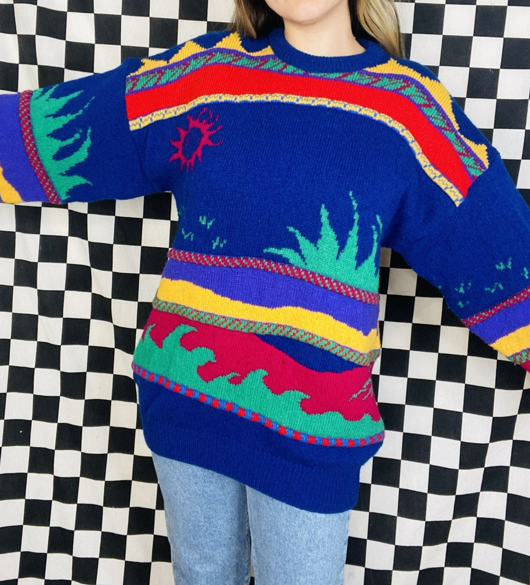 80s Vintage Neon Geometric Novelty Knit Sweater