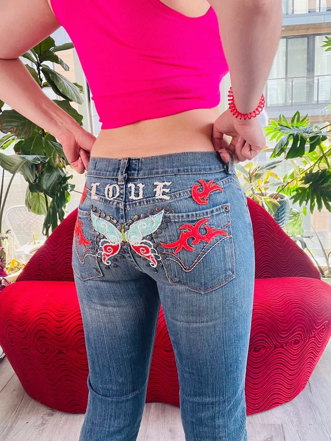 2000s Vintage Butterfly Denim Low Rise Jeans